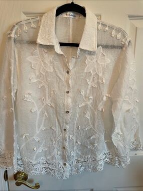 White Embroidered Button-Down Shirt with abalone shell buttons